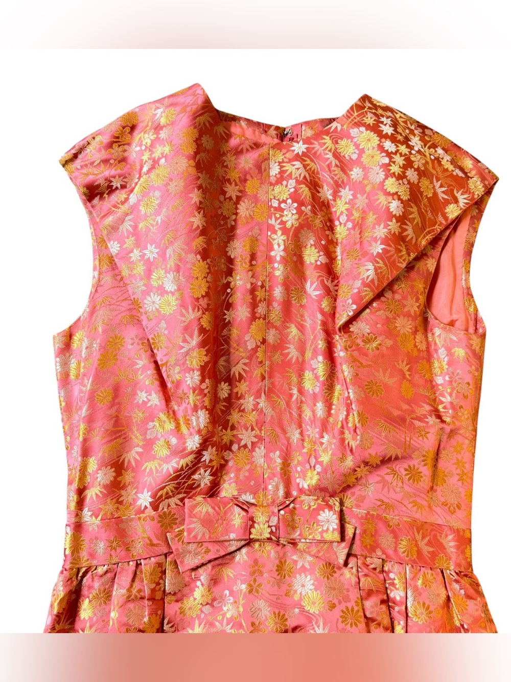 Handmade Silk Brocade Dress Pink Gold Floral Asian Inspired Bow Waist Small - Picture 2 of 11